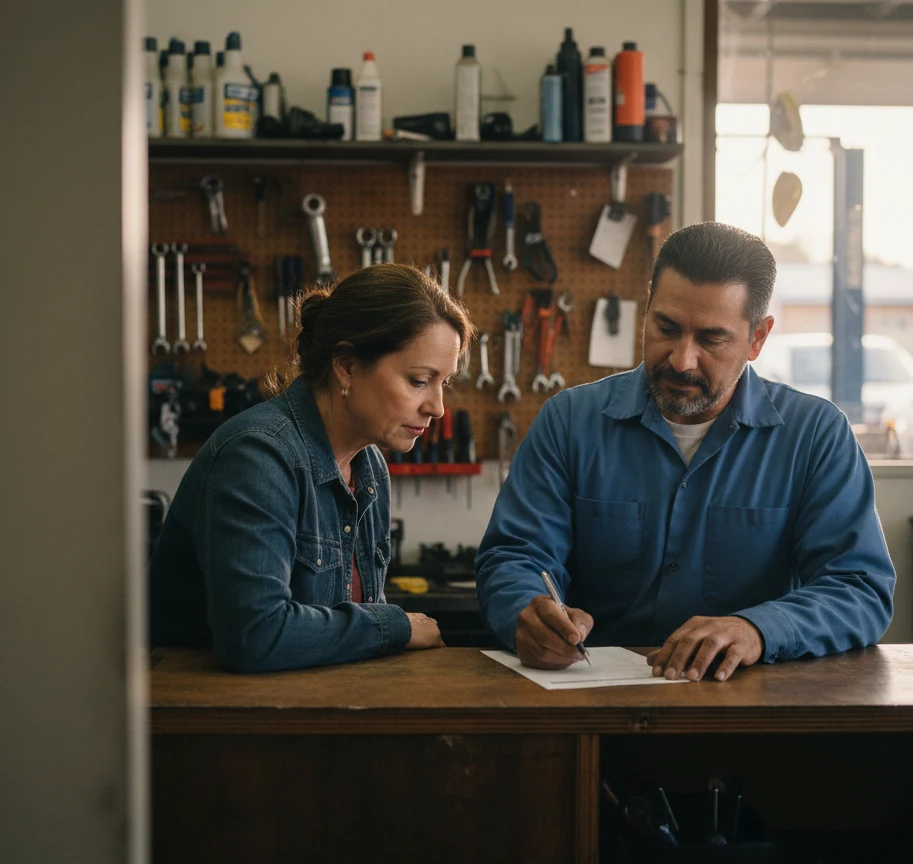 El dueño del taller, detrás del mostrador, le explica una orden de trabajo a una clienta. Los dos miran el papel; él señala una línea con el bolígrafo. Detrás, el panel de herramientas. Un teléfono descansa boca abajo en la esquina del mostrador.